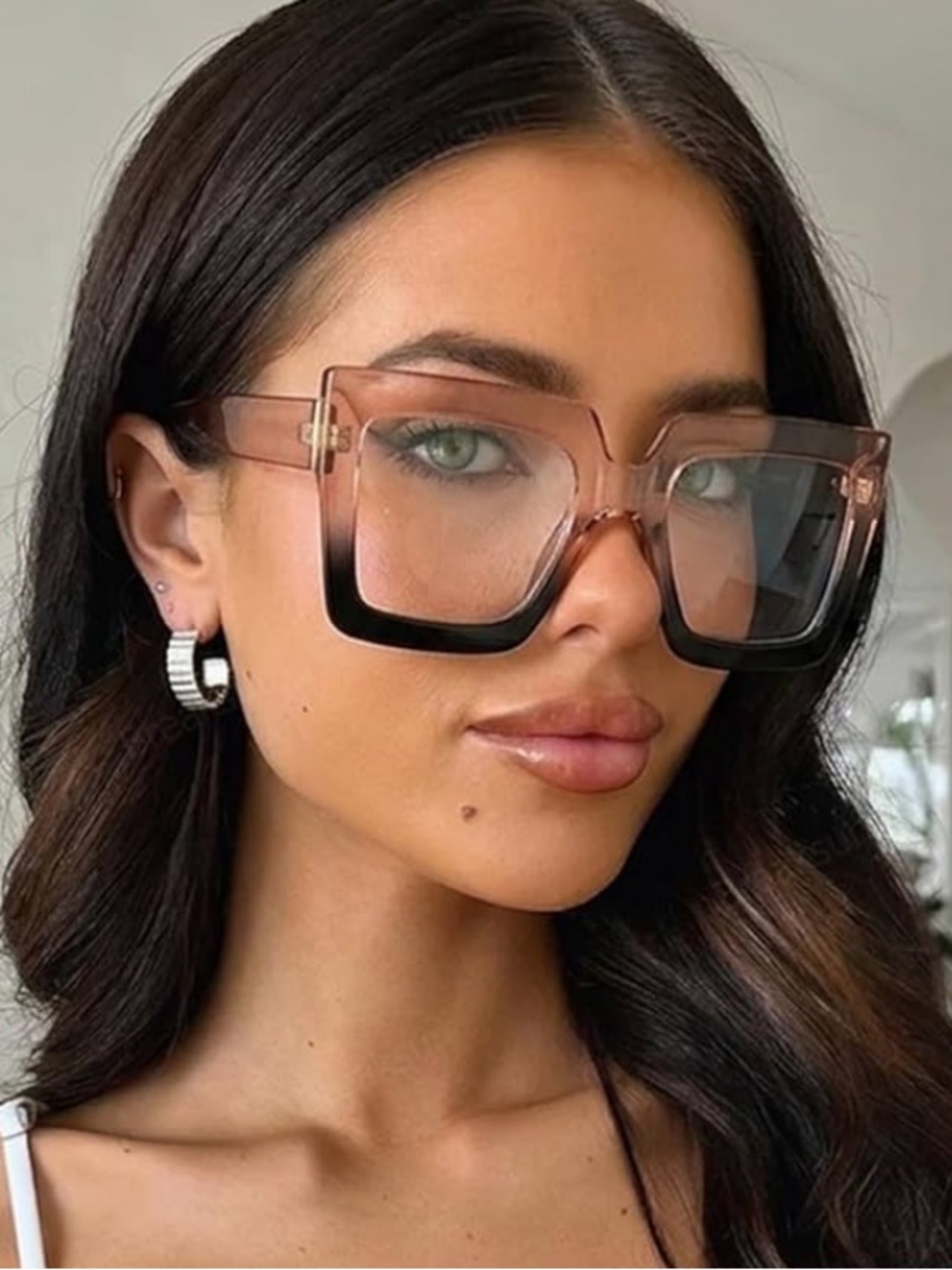 Oversized Anti-Blue Light Gradient Champagne-to-Black Unisex Square Glasses